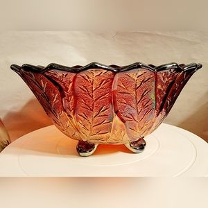 Vintage Imperial Glass Red Acanthus Leaf Footed Carnival Glass Bowl